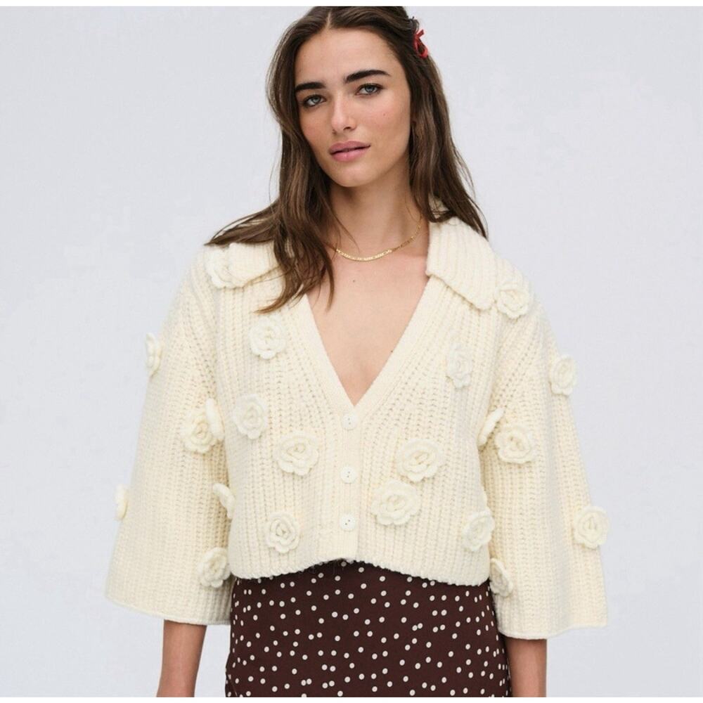NWT For Love‎ & Lemons Ivy Chunky Cardigan Sweater L Cream Boho Cottagecore